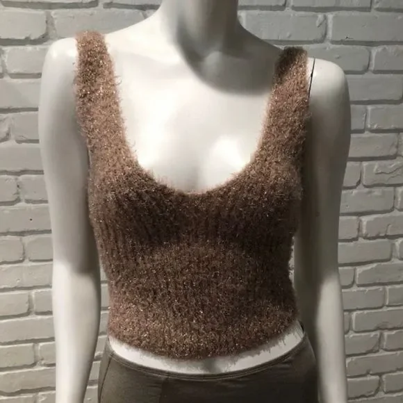 FUZZY BEIGE & TAN CROPPED GOLD METALLIC TANK SWEATER NWT - Picture 2 of 11